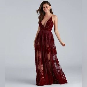 Burgundy Flocked Velvet Mesh Detail Formal Dress